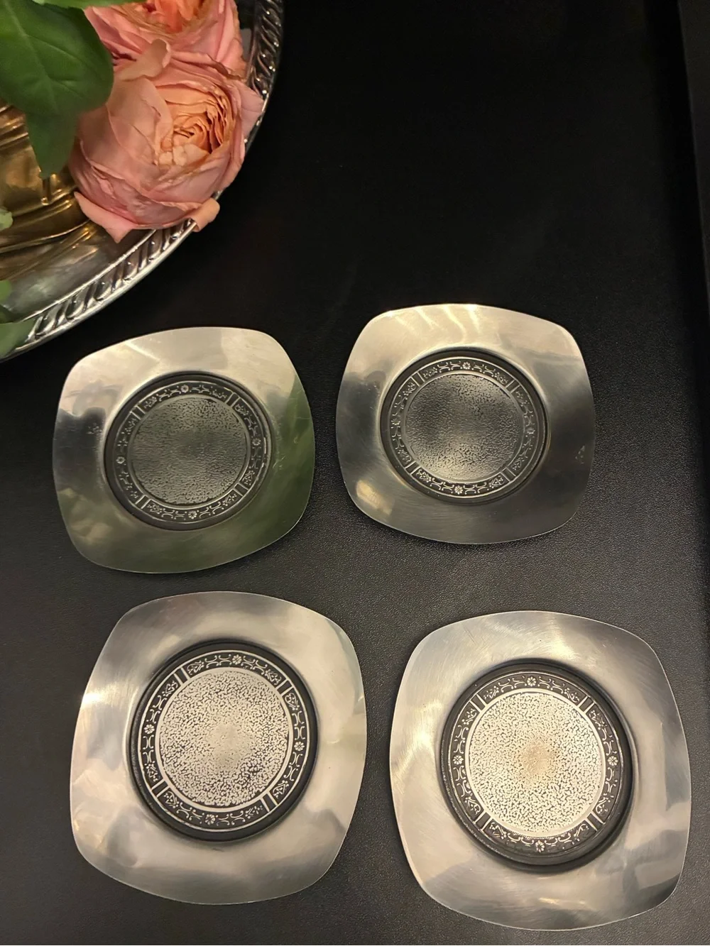 Vintage MCM Cordova Stainless Steel Coasters Set of 4 Coffee Bar Decor 4”x4”